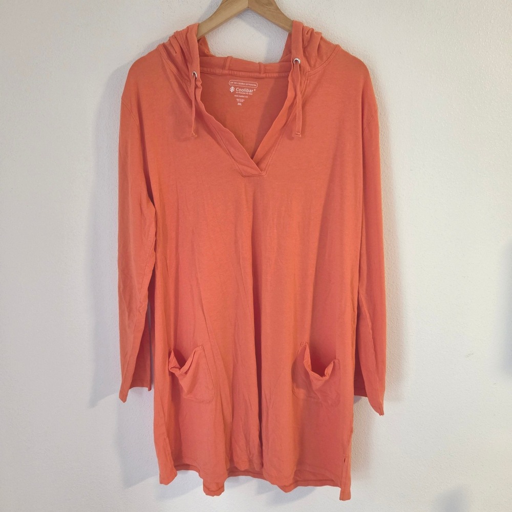 Coolibar UPF 50+ Sun Protection Hoodie Tunic Coral Orange XXL Pockets Cotton